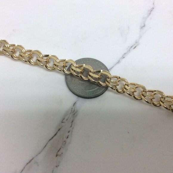 14K Yellow Real Solid Gold 8.8mm double Circle Curb Link Charm Bracelet 8'' 27.5 - Picture 2 of 8